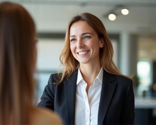 Sales advisor greeting customer in English