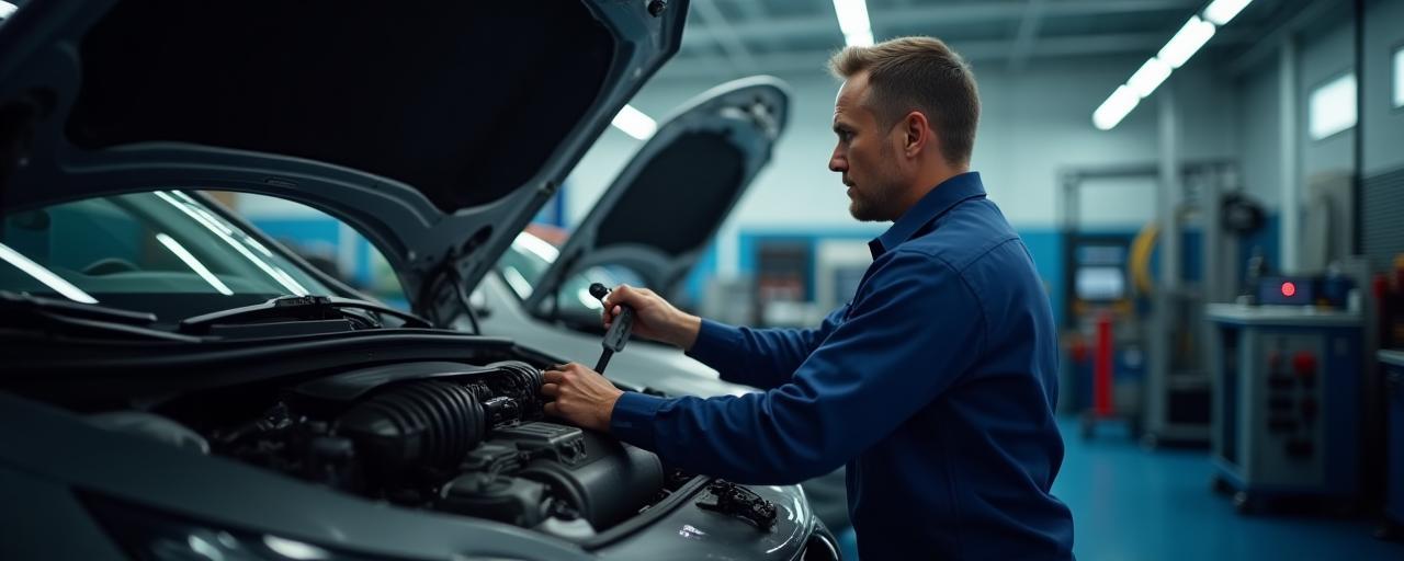 Technician performing multi-point inspection in garage