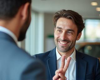 Consultor ajudando cliente em Português